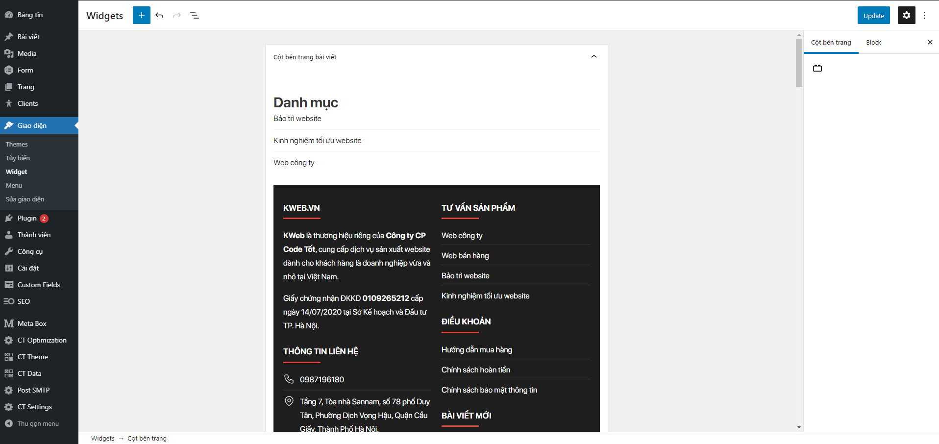 Khu vực widget area mới trong WordPress 5.8