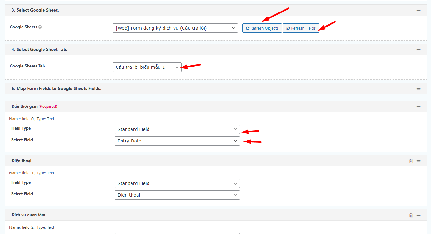 Hướng dẫn tích hợp form Gravity Forms lên Google Sheets 10 Cấu hình field đồng bộ giữa Gravity Forms và Google Sheets