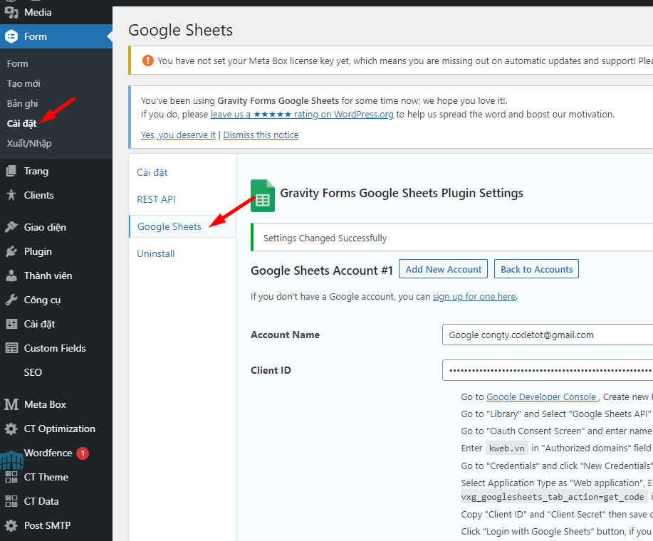 Tạo tài khoản kết nối mới Google Sheets trên website
