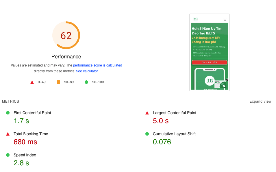 Hướng dẫn sử dụng PageSpeed Insight hiệu quả 4 Kết quả kiểm tra PageSpeed Insight tại thời điểm đó