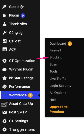 Hướng dẫn gỡ IP bị chặn bởi Wordfence Plugin 2 Truy cập menu Blocking của Wordfence