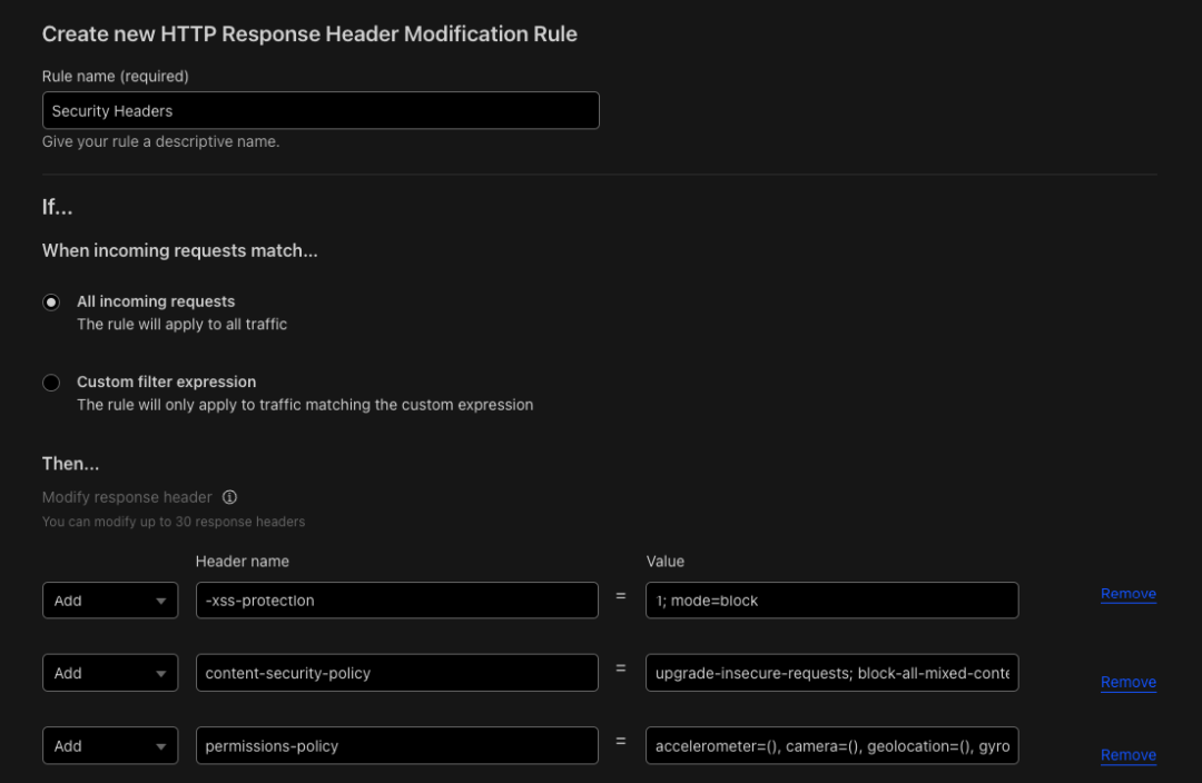 Thiết lập bảo mật nâng cao thông qua Security Headers dành cho website 3 Tạo 1 security header rules cho all incoming requests