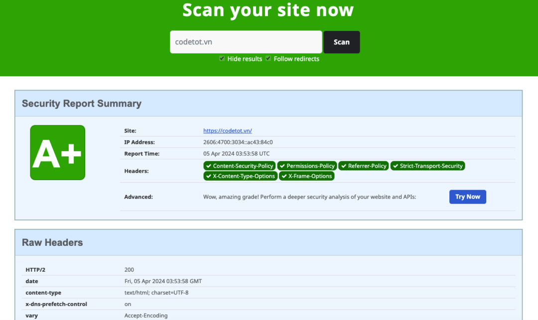 Thiết lập bảo mật nâng cao thông qua Security Headers dành cho website 4 Security Headers đã đạt yêu cầu